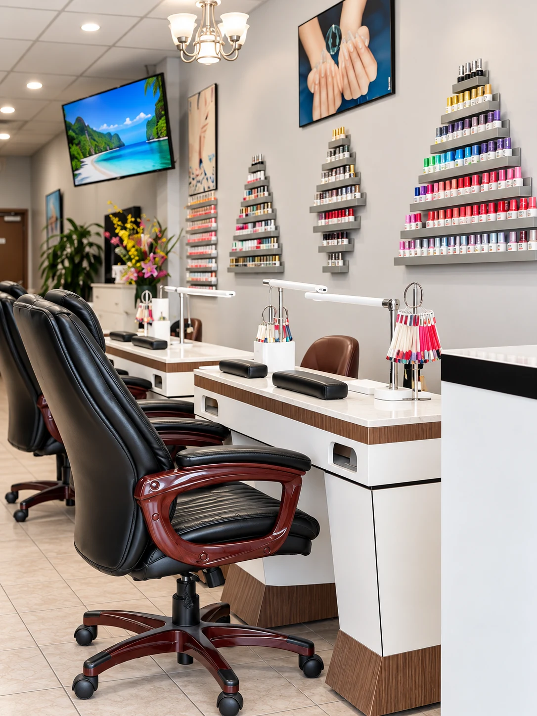 Manicure station with black leather chair and colourful polish collection