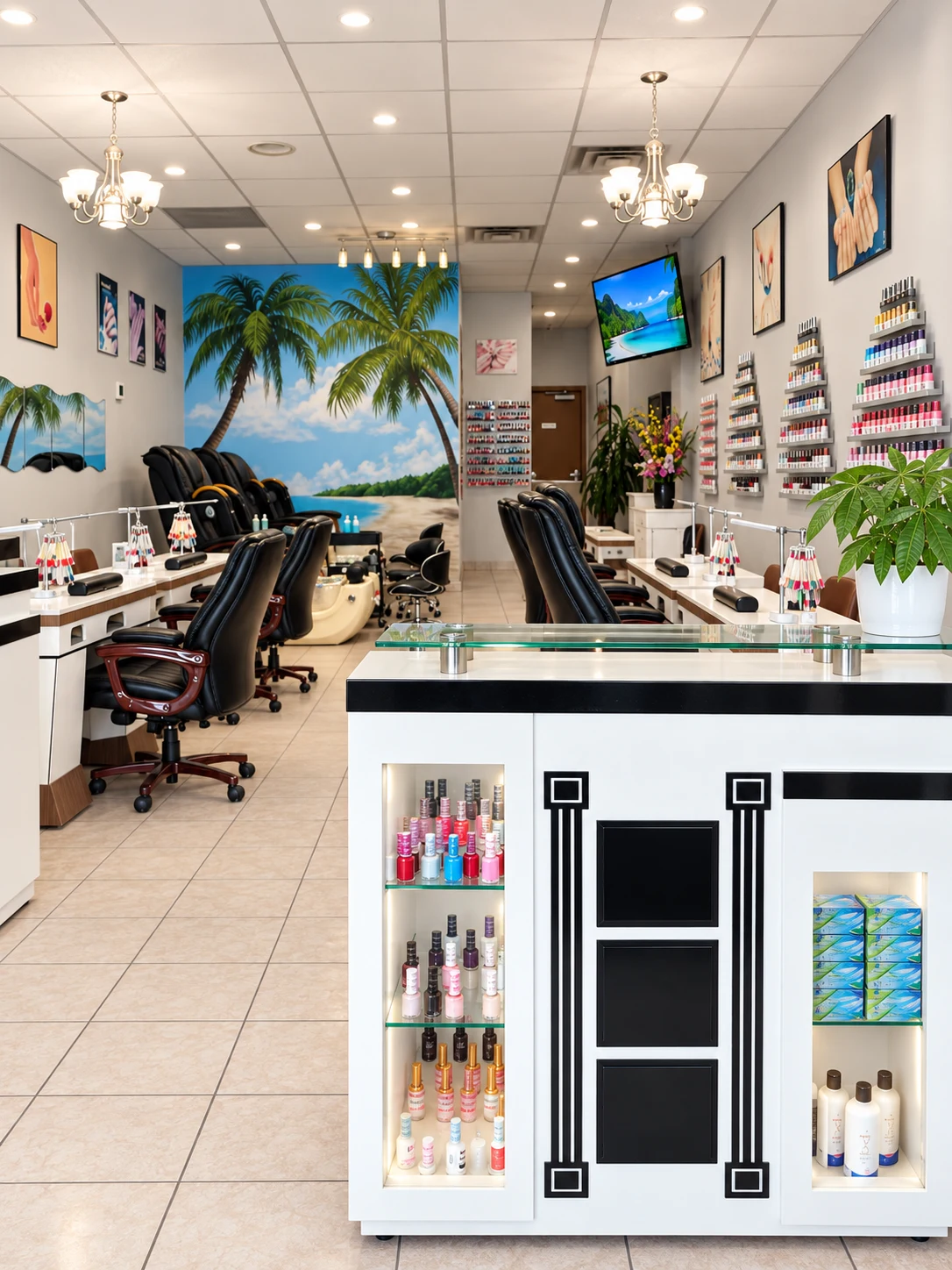 Reception counter with manicure stations beyond