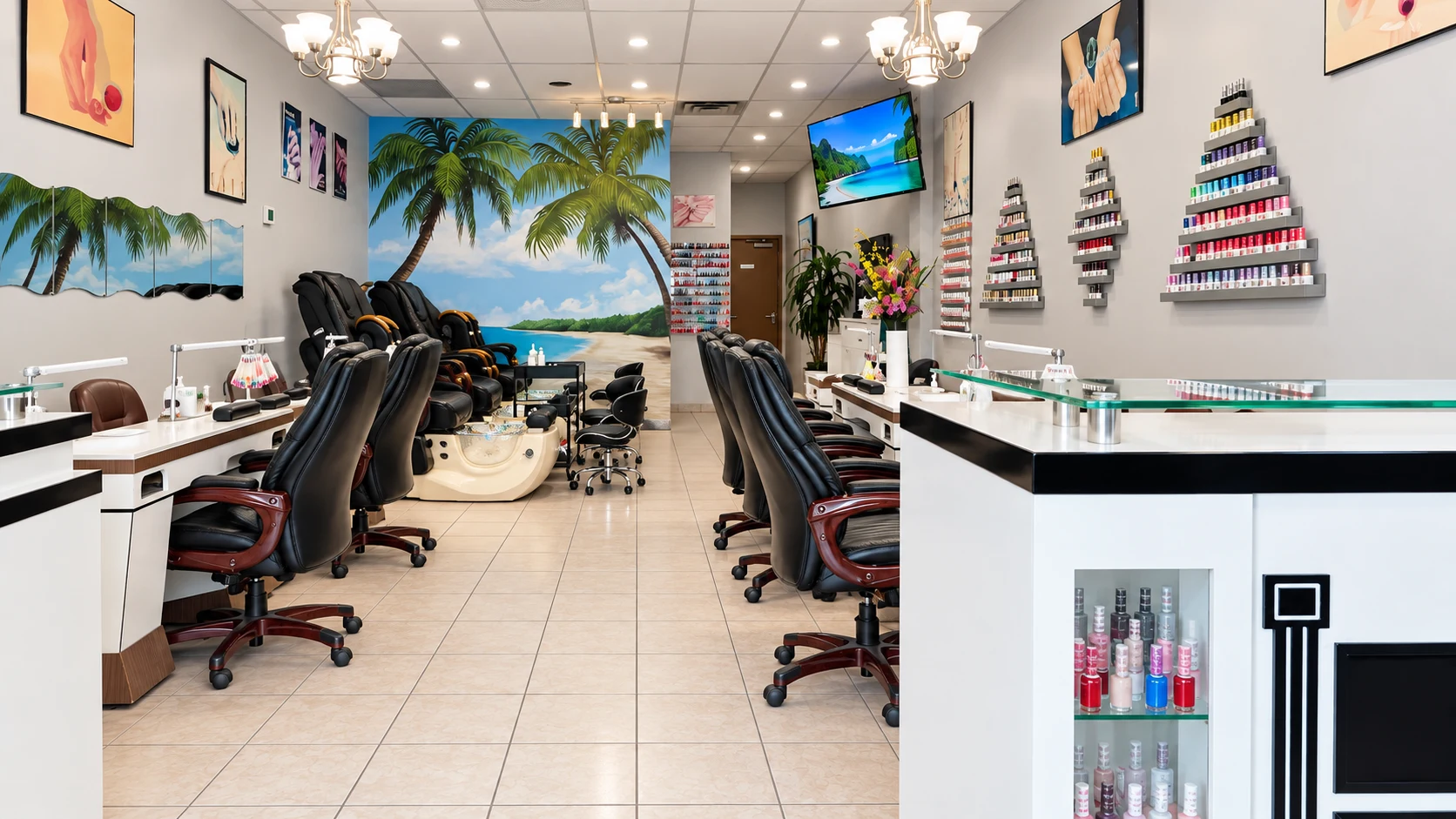 Full salon interior from the entrance with manicure tables and pedicure area